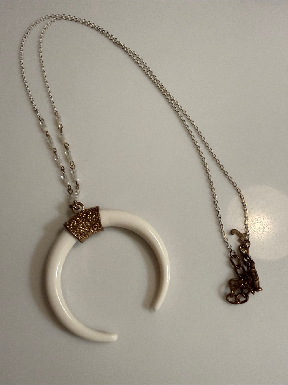 Vintage Kenneth Jay Lane KJL Cream Resin Crescent Horn Pendant Necklace Boho